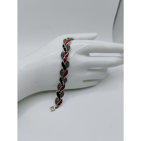 Sterling Bracelet with Red & Black Enamel and Marcasites - Picture 3 of 5